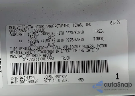 2019 Toyota Tundra Trd Pro 5.7L V8 из США, поврежденный, VIN 5TFDY5F11KX816863